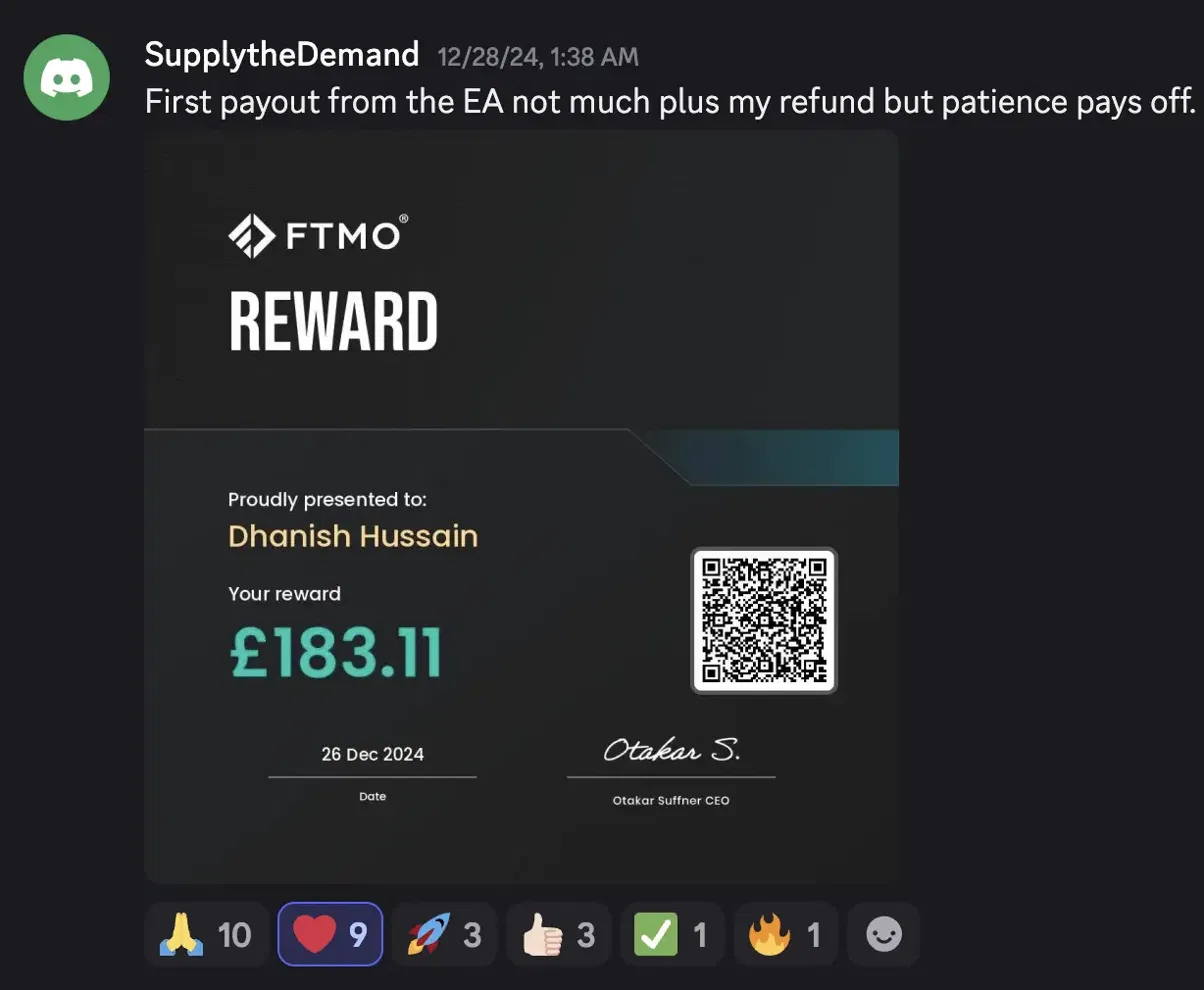 Dhanish Hussain — £183.11 first FTMO payout from the EA